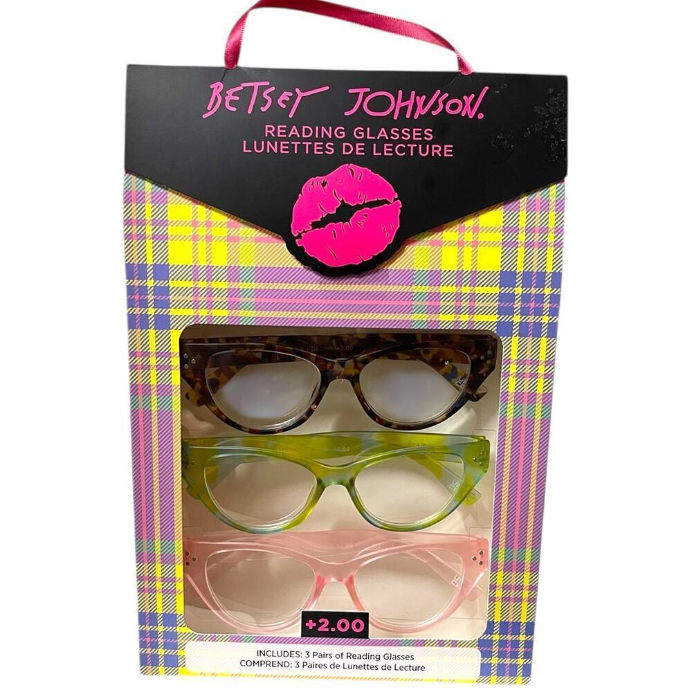 Betsey Johnson +2.00 Reading Glasses Readers 3 Pack Set Pink Green Multicolor